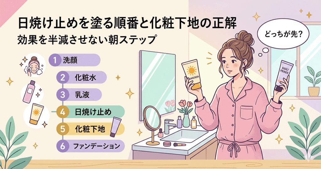 日焼け止めと化粧下地の正しい塗布順番を示した朝のスキンケアステップ図