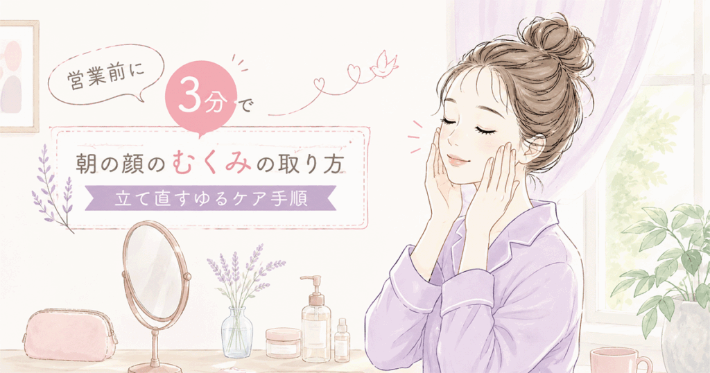 朝の洗面台でフェイスケアをしている女性のイラストとホットタオル・冷感ローラー