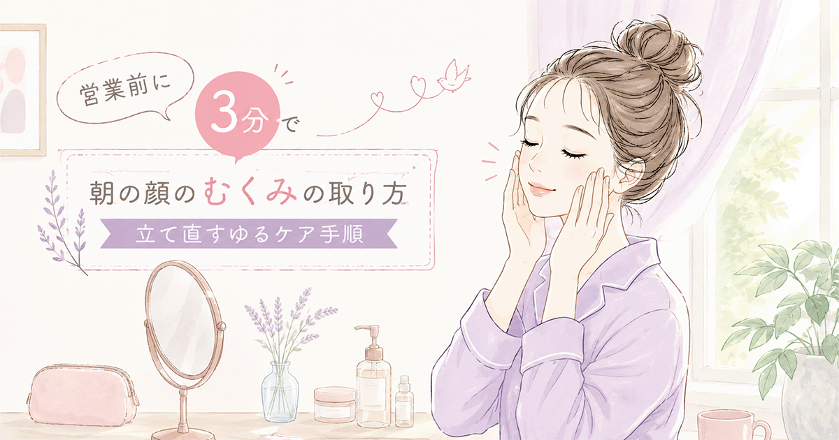 朝の洗面台でフェイスケアをしている女性のイラストとホットタオル・冷感ローラー