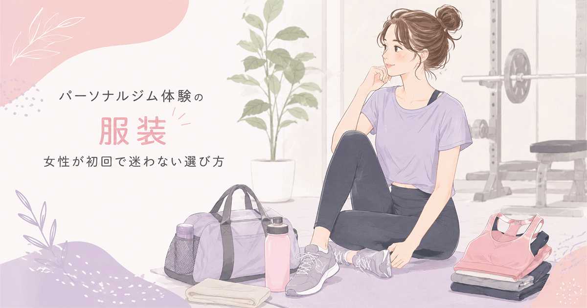 パーソナルジムの初回体験で女性が迷わない服装の基本4点を並べたコーディネート図解
