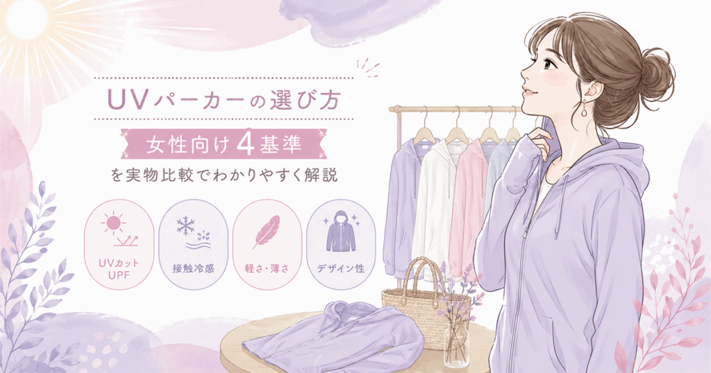 女性向けUVパーカーの選び方4基準（UPF・重量・接触冷感・袖丈）を比較した解説図